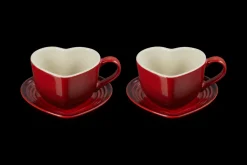 Stoneware Set of 2 Heart Mugs with Saucers